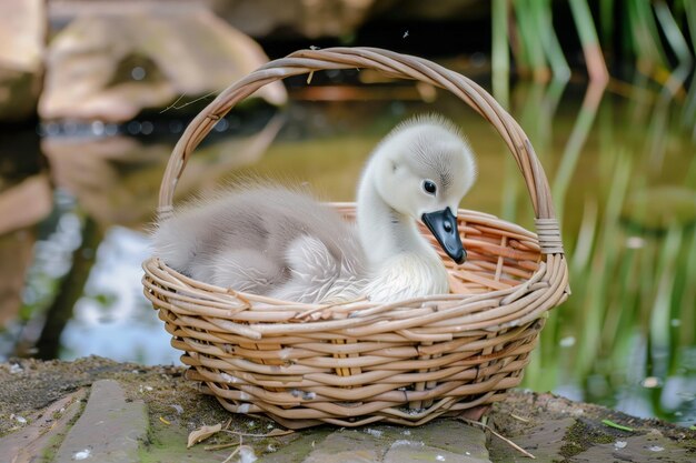 Piccolo cigno cinghiale annidato in un cesto di vimini vicino allo stagno