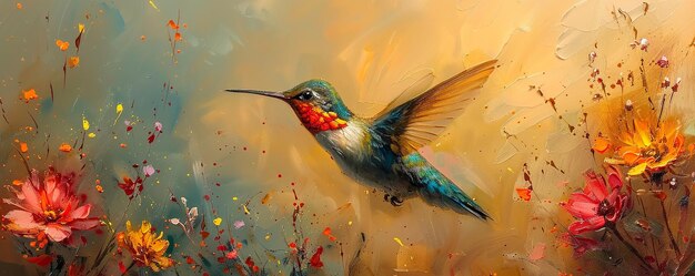 Piccolo colibrì che vola sopra un fiore sullo sfondo