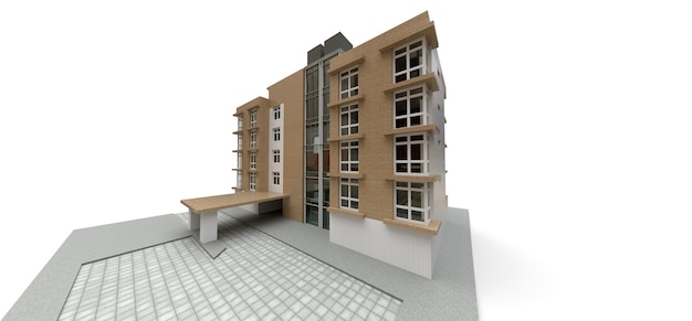 Piccolo condominio bianco e beige con ascensore e garage. rendering 3D.