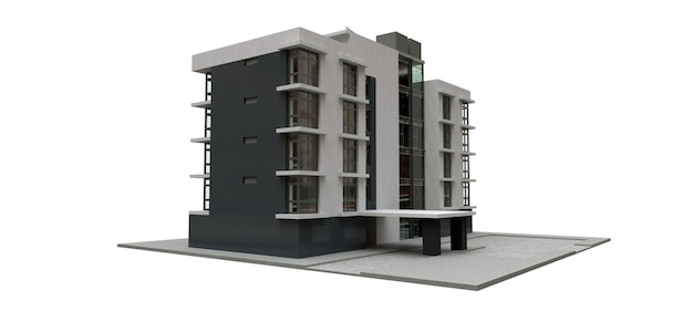 Piccolo condominio bianco-grigio con ascensore e garage. rendering 3D.