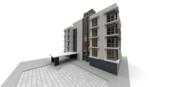 Piccolo condominio bianco-grigio con ascensore e garage. rendering 3D.