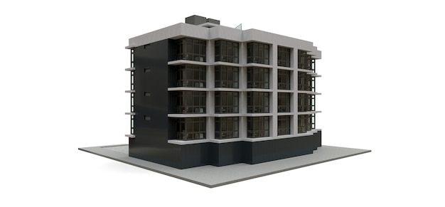 Piccolo condominio bianco-grigio con ascensore e garage. rendering 3D.