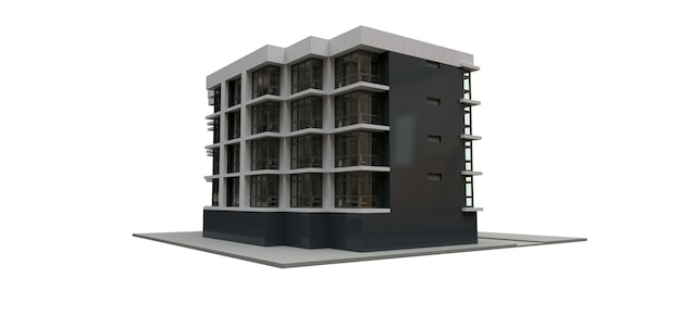 Piccolo condominio bianco-grigio con ascensore e garage. rendering 3D.