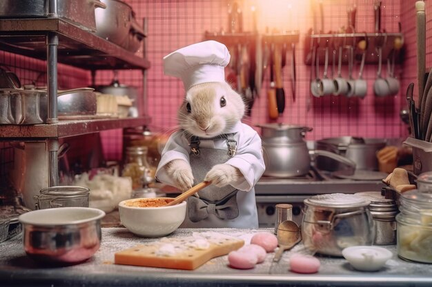 Piccolo coniglietto cuoco che mescola il cibo con un'uniforme bianca cucina rosa