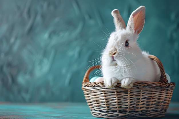 Piccolo coniglietto nel cesto con uova decorate carta di Pasqua