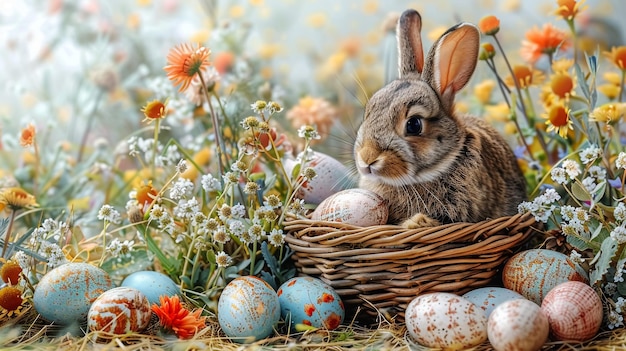 Piccolo coniglietto nel cesto con uova decorate carta di Pasqua