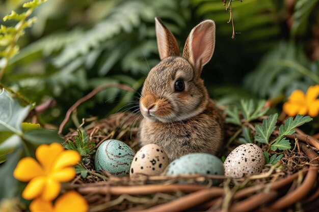 Piccolo coniglietto nel cesto di Pasqua con la pelliccia soffice e le uova di Pasqua fresche