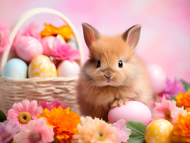 Piccolo coniglietto tra i fiori uova di Pasqua in un cesto di vimini su uno sfondo rosa