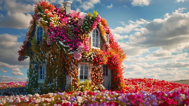 Piccolo cottage in mezzo a un grande campo di fiori il cottage è coperto di fiori Il cielo è blu e nuvoloso