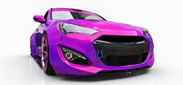 Piccolo coupé di automobile sportiva viola. Messa a punto da corsa avanzata con parti speciali ed estensioni delle ruote. rendering 3D.