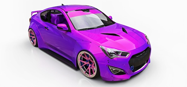 Piccolo coupé di automobile sportiva viola. Messa a punto da corsa avanzata con parti speciali ed estensioni delle ruote. rendering 3D.