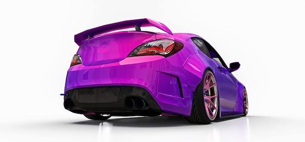 Piccolo coupé di automobile sportiva viola. Tuning avanzato da corsa con parti speciali ed estensioni delle ruote. rendering 3D.