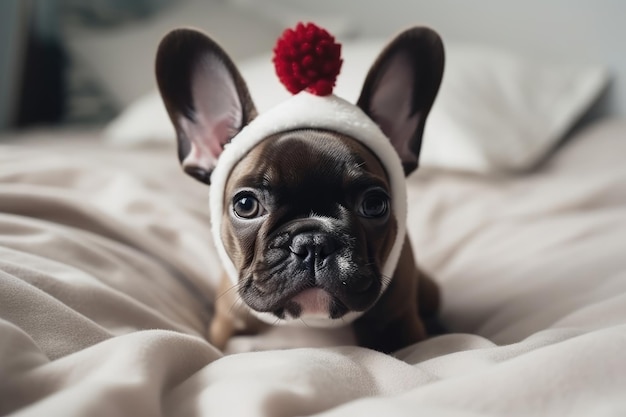 Piccolo cucciolo carino che indossa il cappello di Babbo Natale sul letto bianco ai generativo