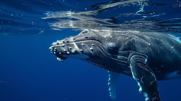 Piccolo cucciolo di balena a gobba in acqua blu Generative Ai