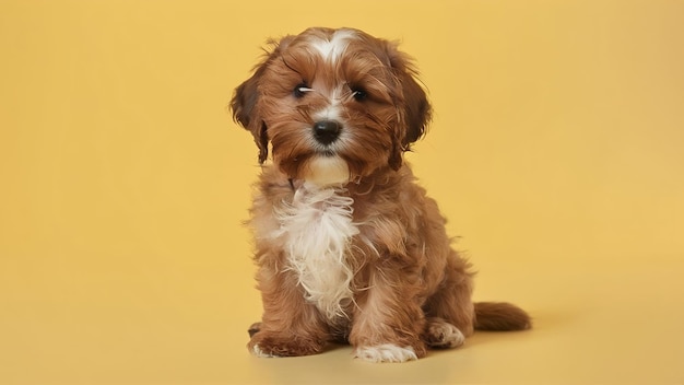 Piccolo cucciolo di cane maltipoo che posa isolato su uno sfondo bianco