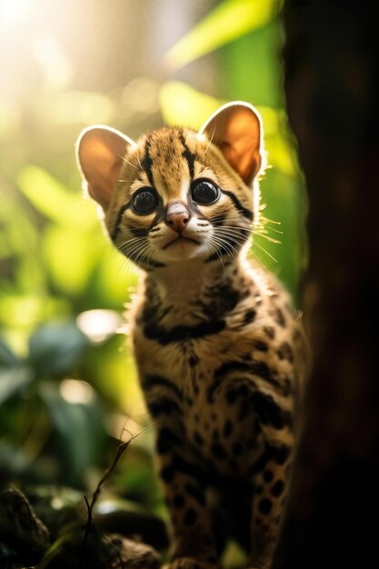 Piccolo cucciolo di margay con grandi occhi neri.