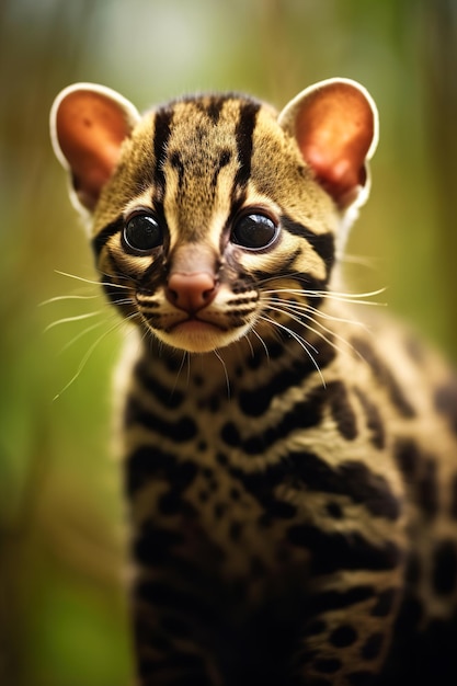 Piccolo cucciolo di margay con grandi occhi neri.