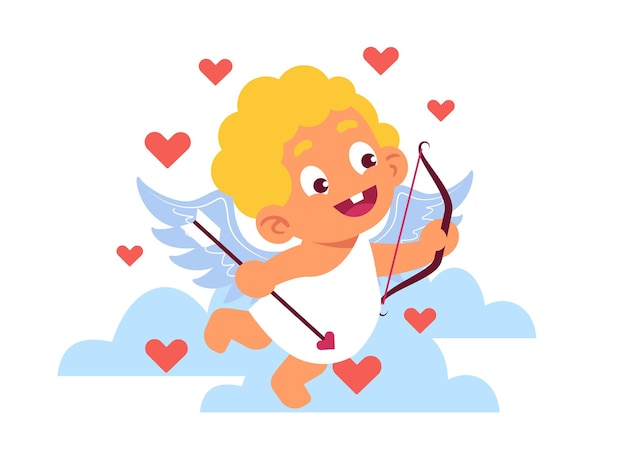 Piccolo Cupido nelle nuvole con arco e freccia Bambino angelo con ali Mascotte d'amore romantico Cuori e nuvole Fortunato ragazzo volante Personaggio angelico Cartoon concetto vettoriale piatto isolato