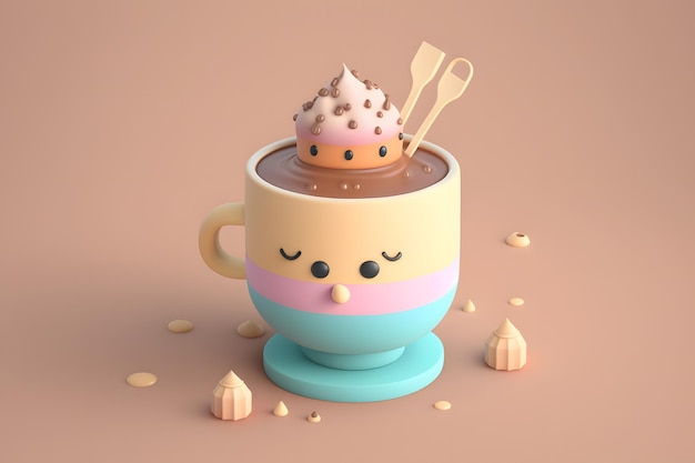 Piccolo design isometrico carino una tazza di caffè emoji rendering 3d