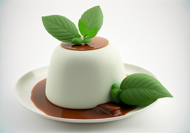 piccolo dessert di panna cotta con sopra una foglia di menta