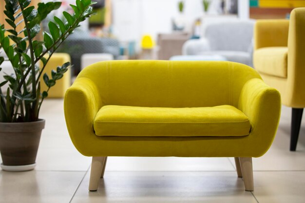 Piccolo divano giallo con gambe in legno