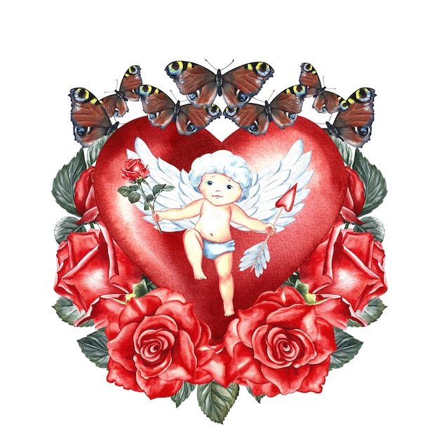 Piccolo e carino Cupido sul cuore rosso con rose illustrazione ad acquerello per il giorno di San Valentino