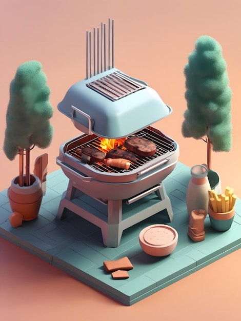 Piccolo e carino rendering 3d isometrico BBQ Grill