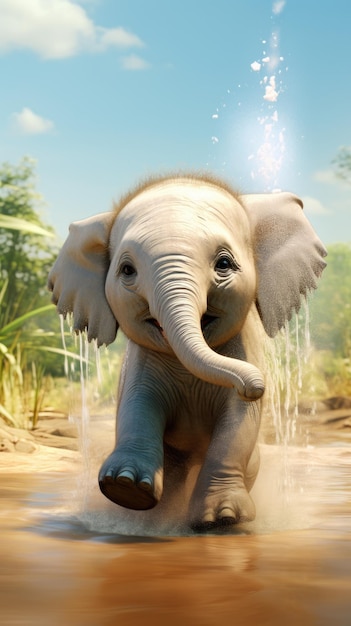 Piccolo elefante che spruzza acqua con la carta da parati del tronco per il telefono