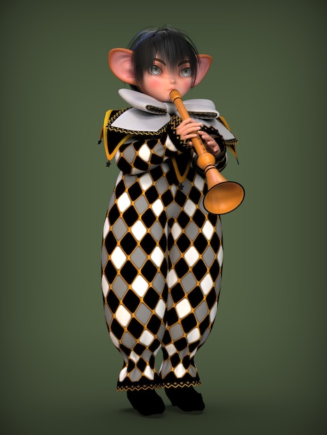 Piccolo elfo del pagliaccio in un'illustrazione 3d del vestito in bianco e nero