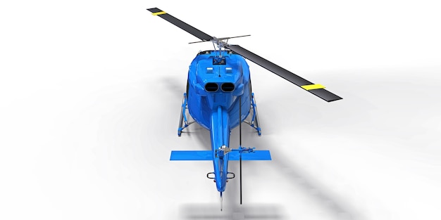 Piccolo elicottero da trasporto militare blu su sfondo bianco isolato. Il servizio di elisoccorso. Aerotaxi. Elicottero per polizia, vigili del fuoco, ambulanza e servizio di soccorso. illustrazione 3D.