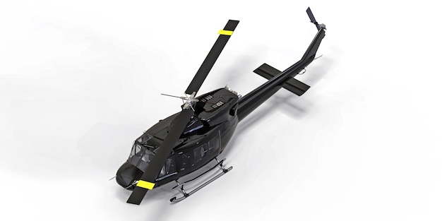 Piccolo elicottero da trasporto militare nero su sfondo bianco isolato. Il servizio di elisoccorso. Aerotaxi. Elicottero per polizia, vigili del fuoco, ambulanza e servizio di soccorso. illustrazione 3D.
