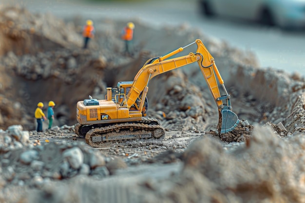 Piccolo escavatore ed operai sul cantiere