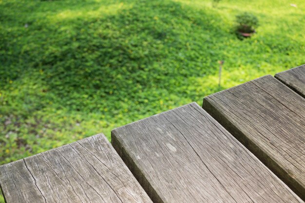 Piccolo fiore giallo su erba verde con fondo di legno