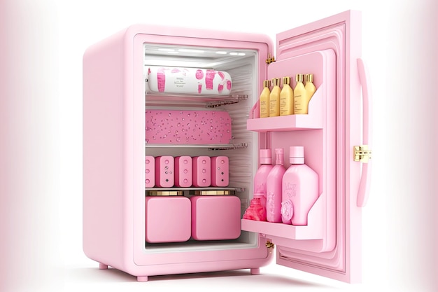 Piccolo frigorifero rosa all'aperto per cosmetici isolato su sfondo bianco