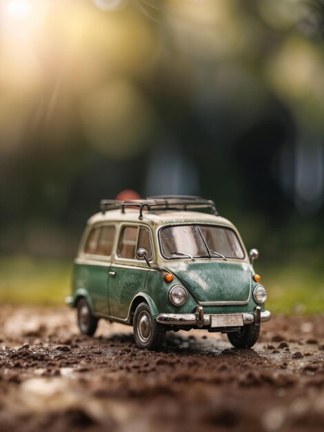 Piccolo furgone retro su un terreno fangoso con sfondo naturale bokeh concetto automobilistico