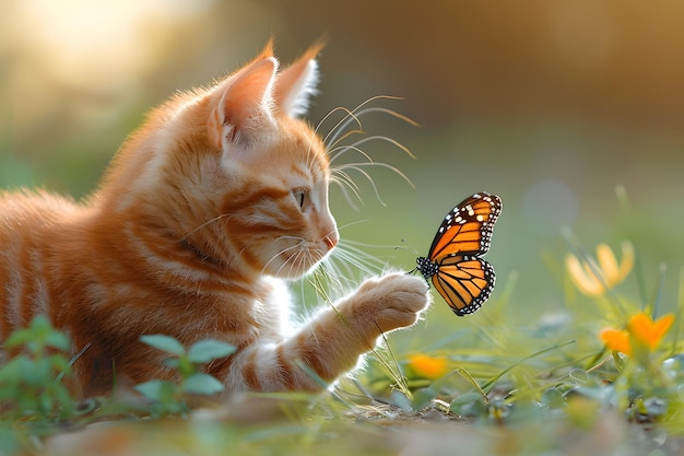 Piccolo gattino arancione che gioca con una farfalla