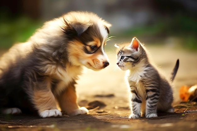 Piccolo gattino bellissimo gioca felicemente nell'erba sfocato sullo sfondo della natura