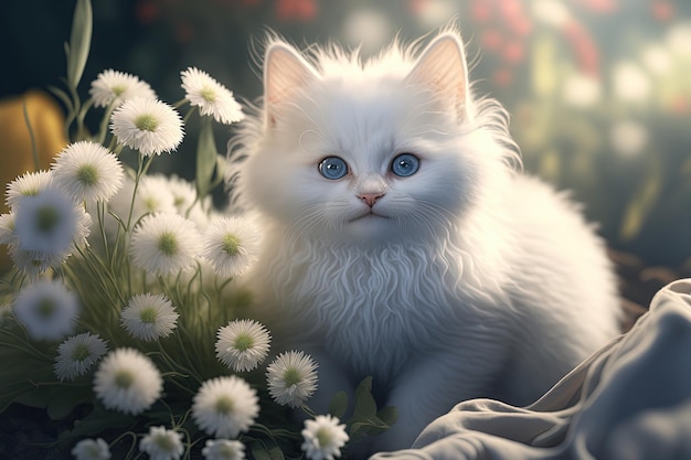 Piccolo gattino bianco sveglio in erba e fiori AI