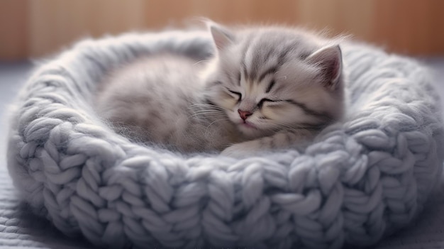Piccolo gattino carino che dorme in un cestino lavorato a maglia Concetto di animale