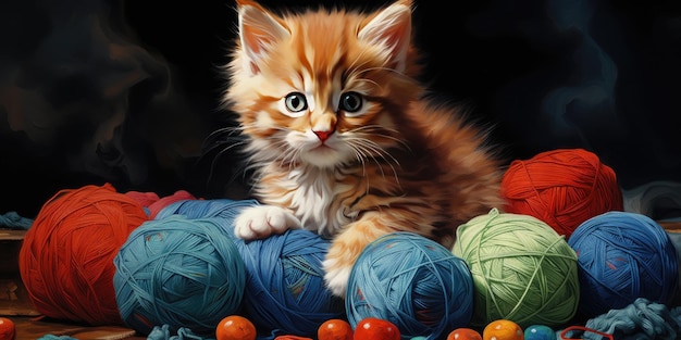 Piccolo gattino carino gioca con un gomitolo di filo IA generativa Foto di alta qualità