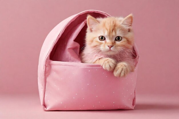 Piccolo gattino carino in una borsa rosa su uno sfondo rosa