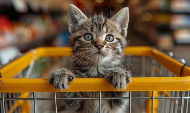 Piccolo gattino carino seduto nel carrello della spesa in un negozio di animali domestici