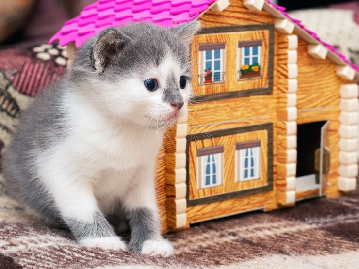 Foto piccolo gattino carino seduto vicino alla casa dei giocattoli