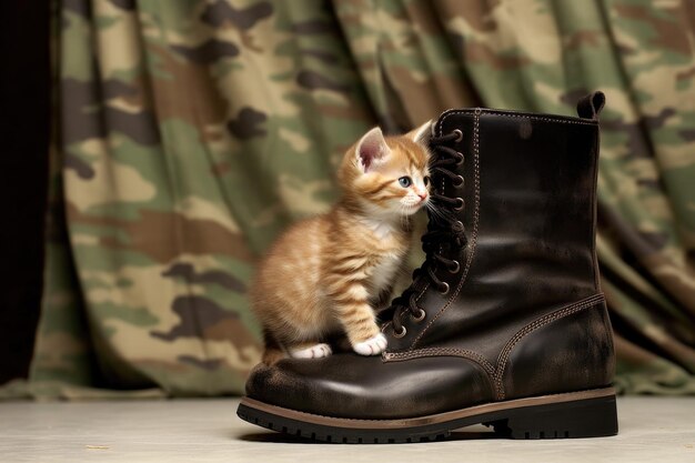 Piccolo gattino che esplora un grande stivale militare