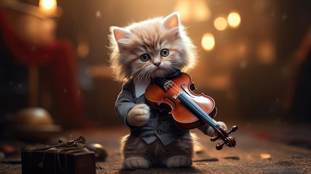 Piccolo gattino che suona un violinino in miniatura con fascino