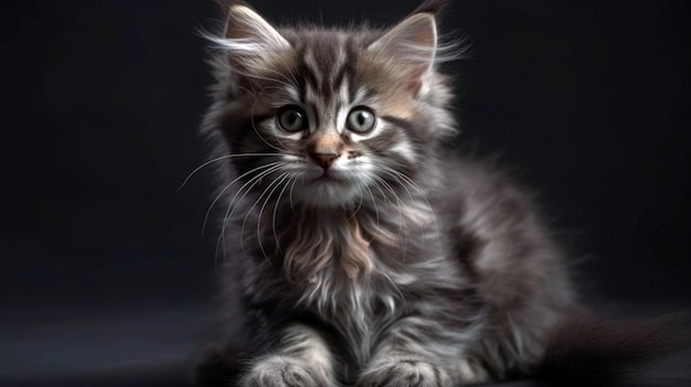 Piccolo gattino lanuginoso su uno sfondo grigio alzando lo sguardo ritratto in studio di gattino grigio AI Generativo