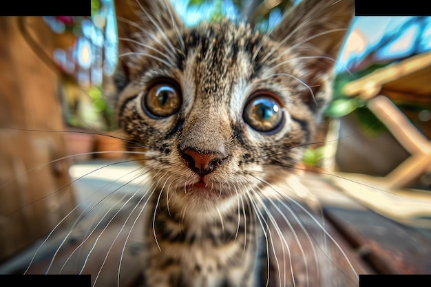 Piccolo gattino ritratto ravvicinato Animale divertente che guarda nella telecamera Gatto bambino naso lente ad angolo ampio