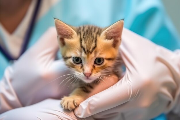 Piccolo gattino sveglio nelle mani di un primo piano veterinario