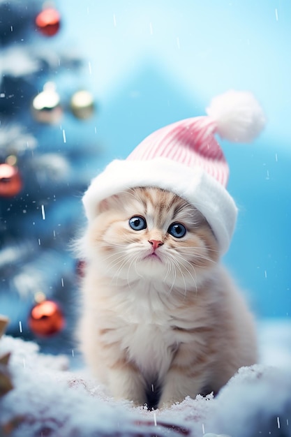 Piccolo gattino triste con il cappello su un albero di Natale sfocato sullo sfondo delle vacanze invernali innevate
