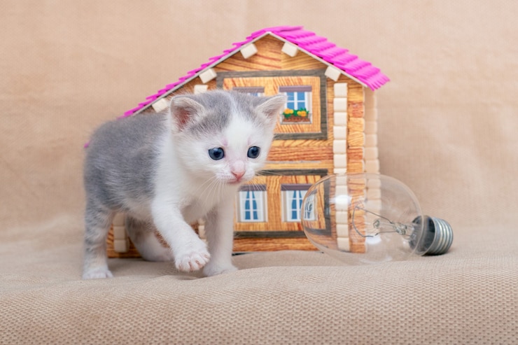Foto piccolo gattino vicino a una casa giocattolo e una lampadina